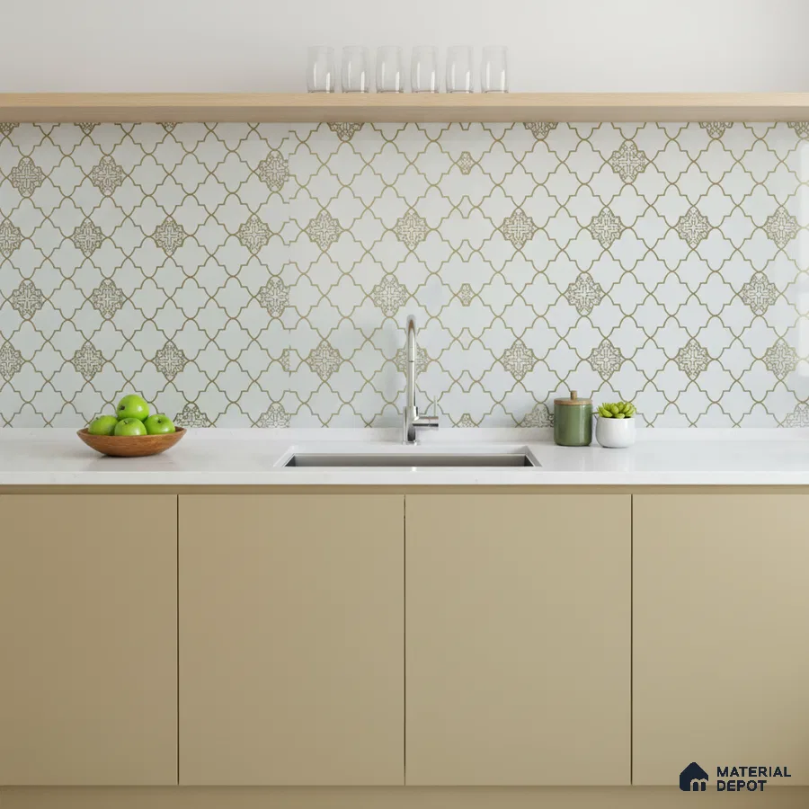 Modern kitchen with beige laminate cabinets, white quartz countertop, and moroccan patterned backsplash tile
