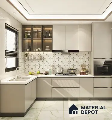 Modern kitchen with beige laminate cabinets, white quartz countertop, and patterned backsplash tiles in Sobha Chrysanthemum Thanisandra 3 BHK Bengaluru Apartment