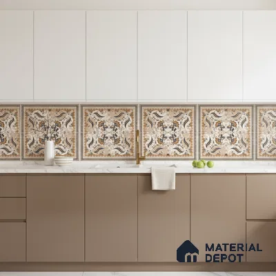 Modern kitchen with beige laminate cabinets, white solid laminate shutters, and ornate patterned backsplash tiles in Bengaluru