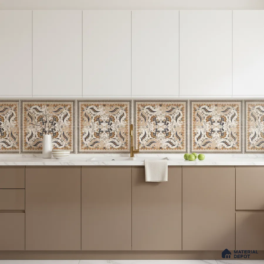 Modern kitchen with beige laminate cabinets, white solid laminate shutters, and ornate patterned backsplash tiles in Bengaluru