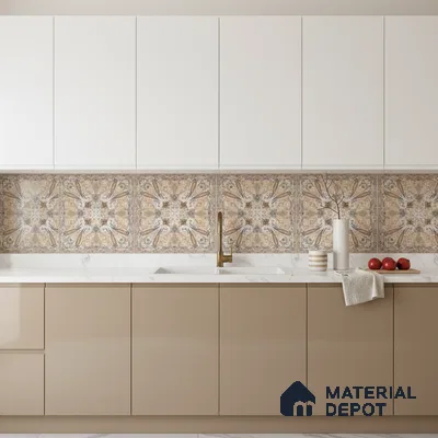 Modern kitchen with beige laminate, white laminate, marble countertop, and patterned moroccan backsplash tiles in Bengaluru