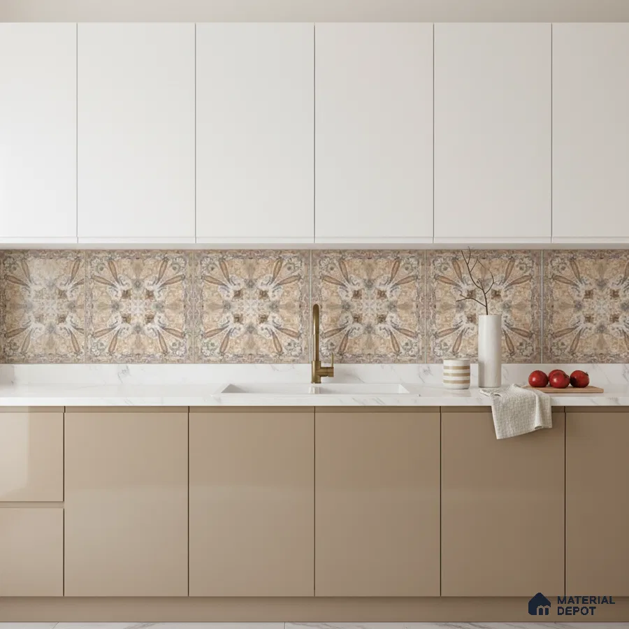 Modern kitchen with beige laminate, white laminate, marble countertop, and patterned moroccan backsplash tiles in Bengaluru