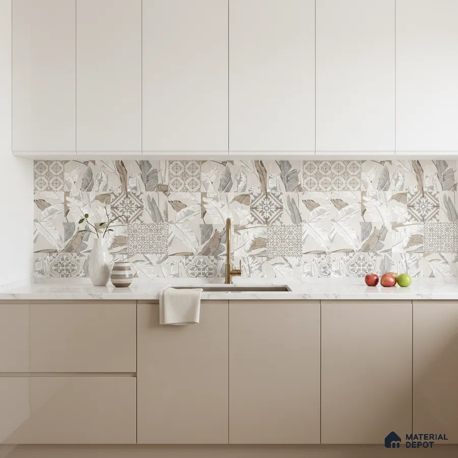 Modern kitchen with beige laminate, white marble countertop, and patterned tropical and geometric backsplash tiles in Bengaluru