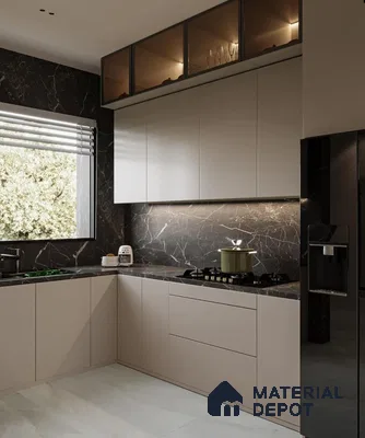 Modern kitchen with beige matte laminate cabinets and black marble backsplash and countertop in Bengaluru | Material Depot