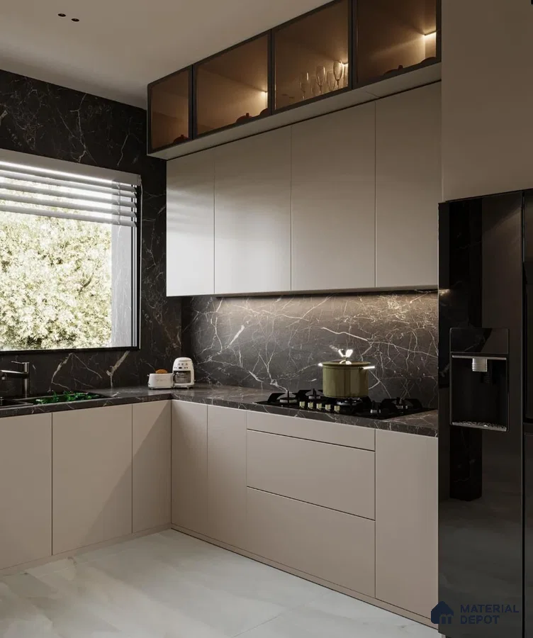 Modern kitchen with beige matte laminate cabinets and black marble backsplash and countertop in Bengaluru | Material Depot