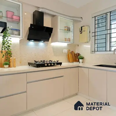 Modern kitchen with beige matte laminate cabinets and cream marble backsplash in Bengaluru | Material Depot