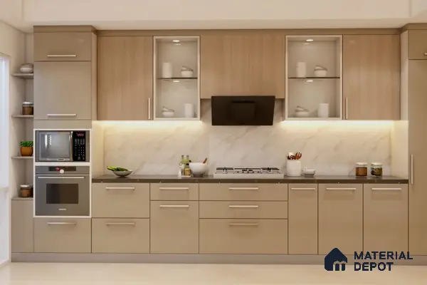 Modern kitchen with beige matte laminate cabinets, light wood laminate shutters, and marble-look backsplash in Bengaluru | Material Depot