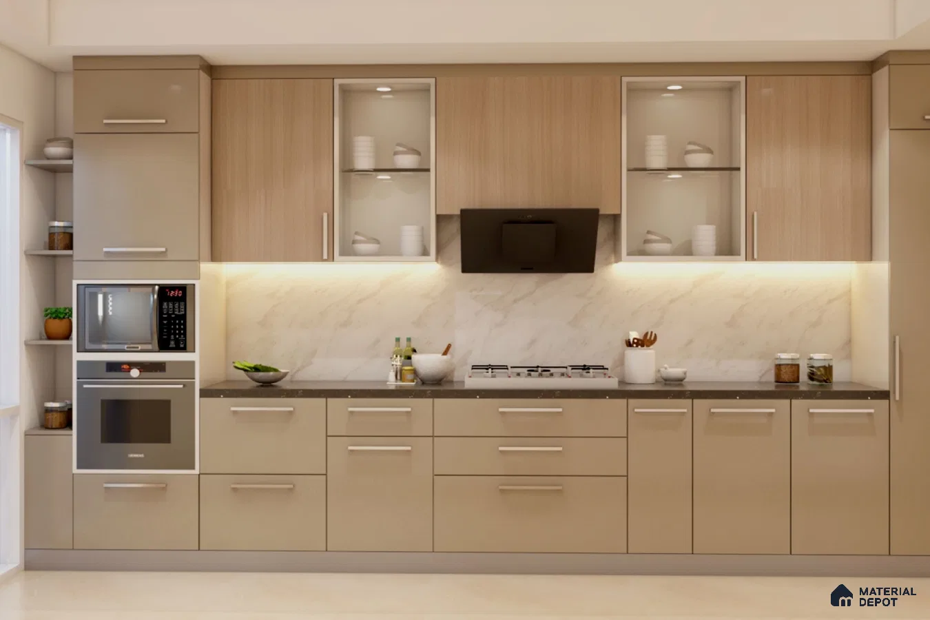 Modern kitchen with beige matte laminate cabinets, light wood laminate shutters, and marble-look backsplash in Bengaluru | Material Depot