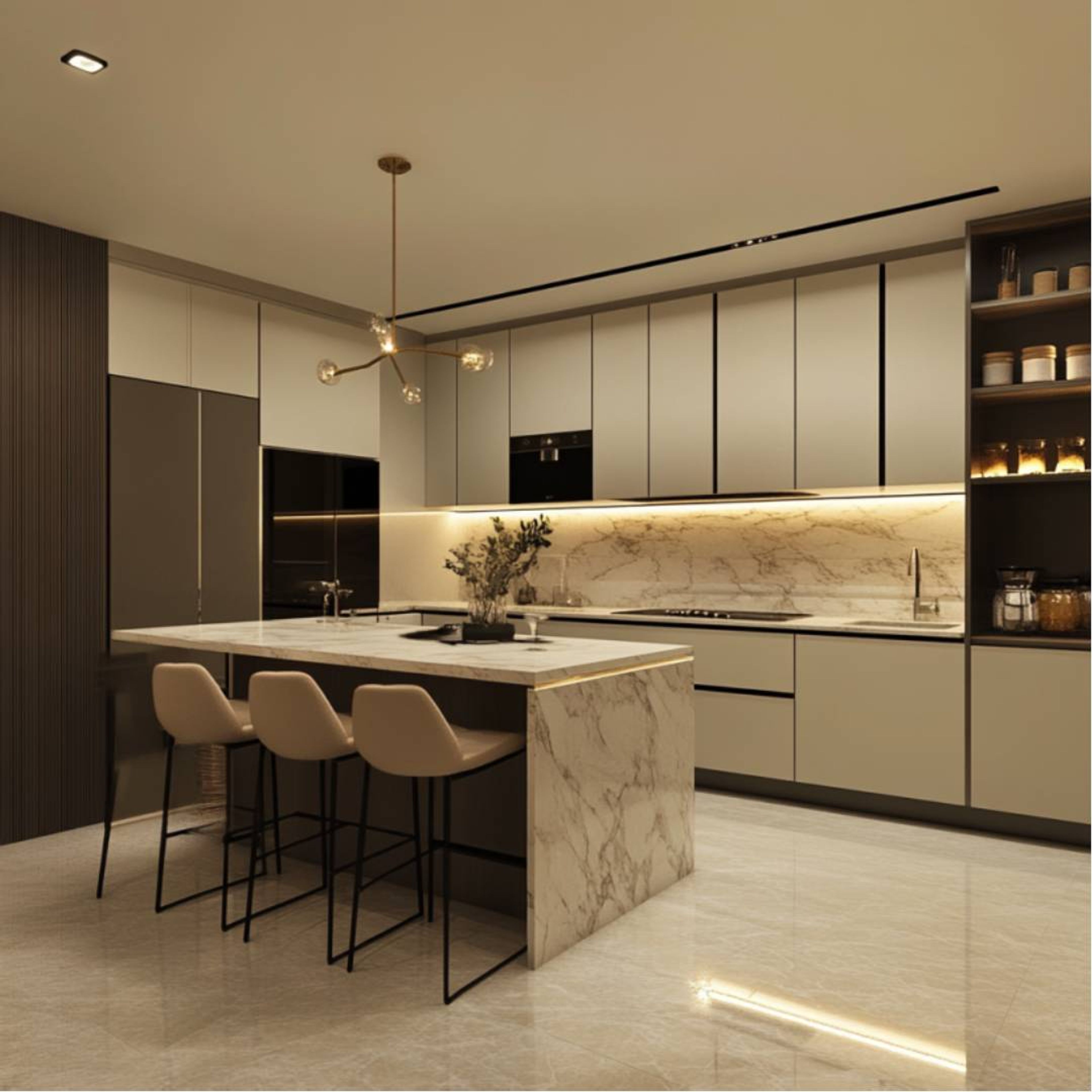 Modern kitchen with beige matte laminate, calacatta marble-look backsplash and island, and glossy marble floor tiles in Bengaluru | Material Depot