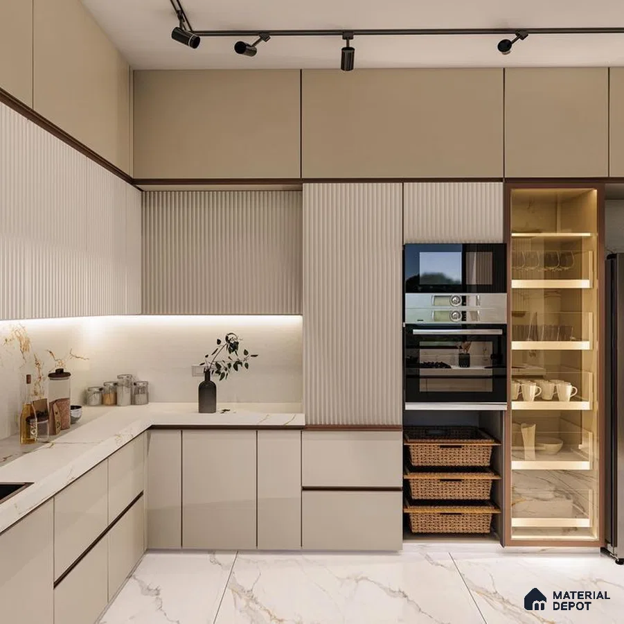 Modern kitchen with beige matte laminate, fluted panels, and white marble countertop in Bengaluru | Material Depot