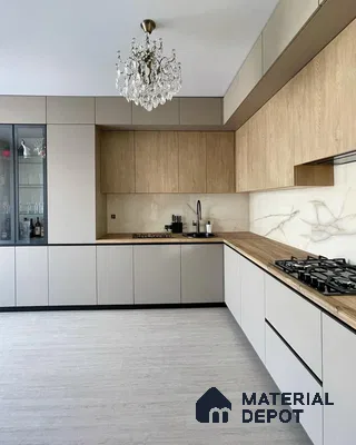 Modern kitchen with beige matte laminate, light oak wood laminate, and marble-look backsplash in Bengaluru | Material Depot