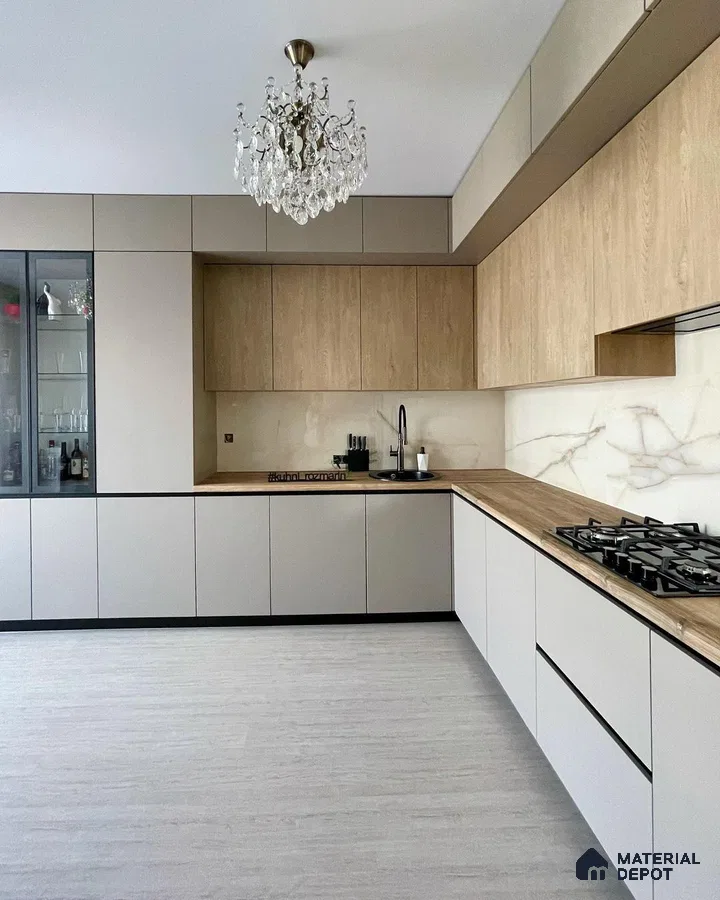 Modern kitchen with beige matte laminate, light oak wood laminate, and marble-look backsplash in Bengaluru | Material Depot