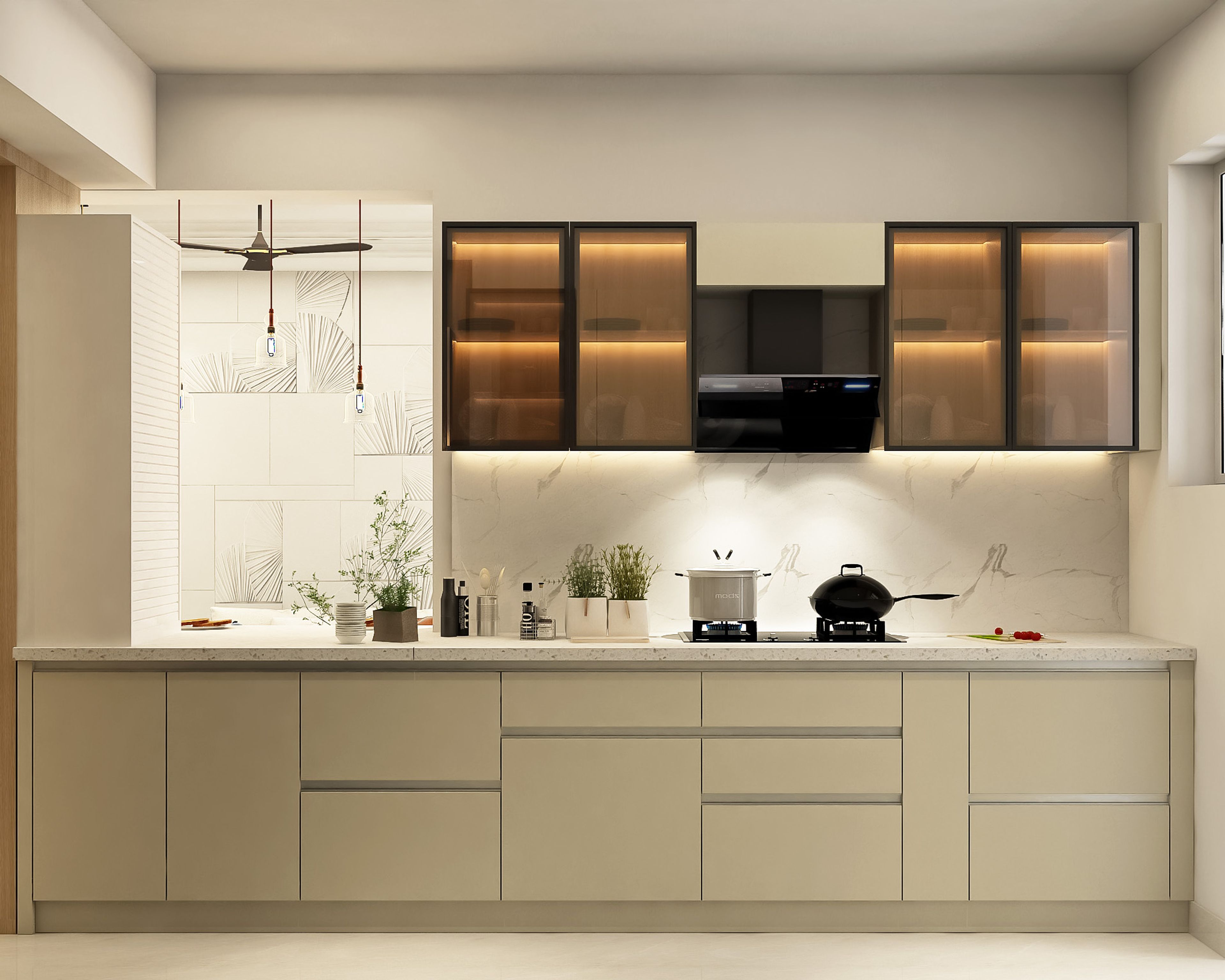 Modern kitchen with beige matte laminate, white marble-look backsplash, and glass overhead cabinets in Bengaluru | Material Depot