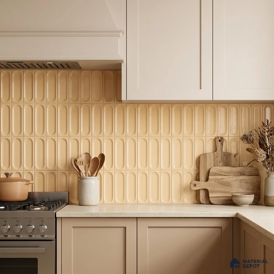 Modern kitchen with beige popsicle wall tiles and cream laminate cabinets