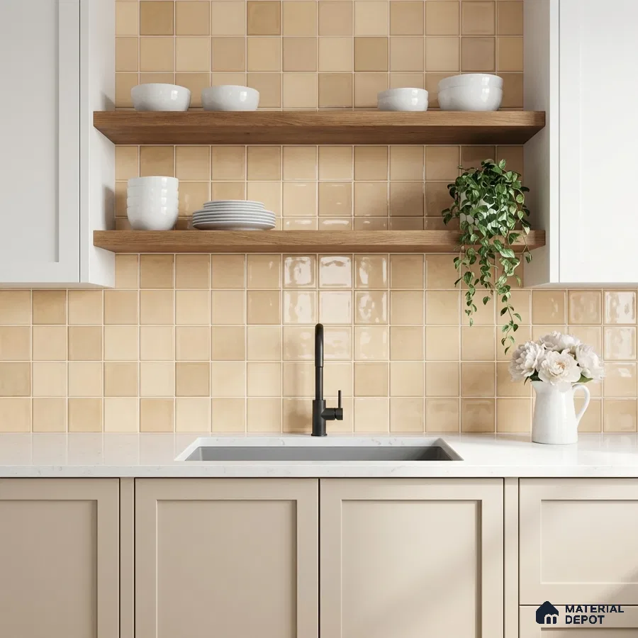 Modern kitchen with beige square wall tiles, white quartz countertop, and light wood open shelves