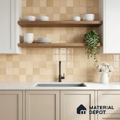 Modern kitchen with beige square wall tiles, white quartz countertop, and light wood open shelves