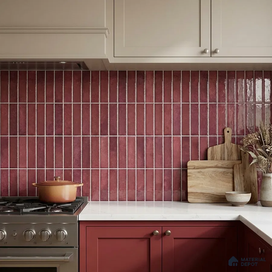 Modern kitchen with berry red kitkat backsplash tile and white quartz countertop