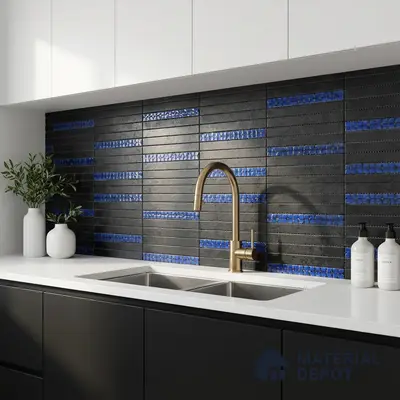 Modern kitchen with black and blue geometric backsplash tile and white quartz countertop