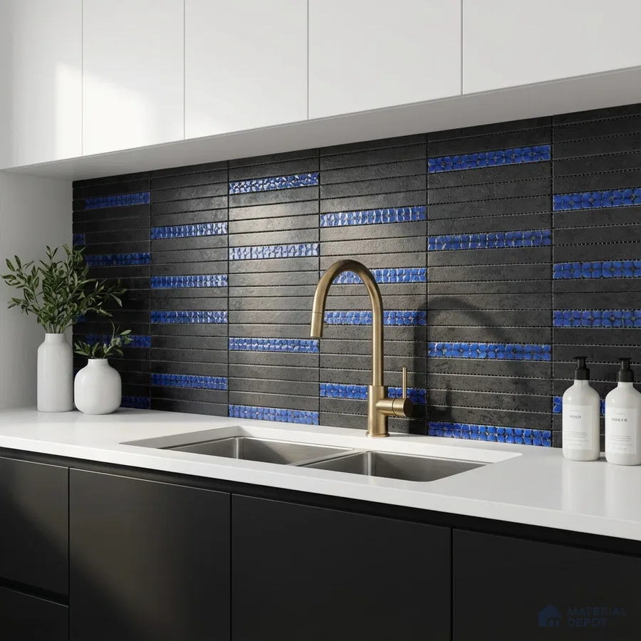 Modern kitchen with black and blue geometric backsplash tile and white quartz countertop