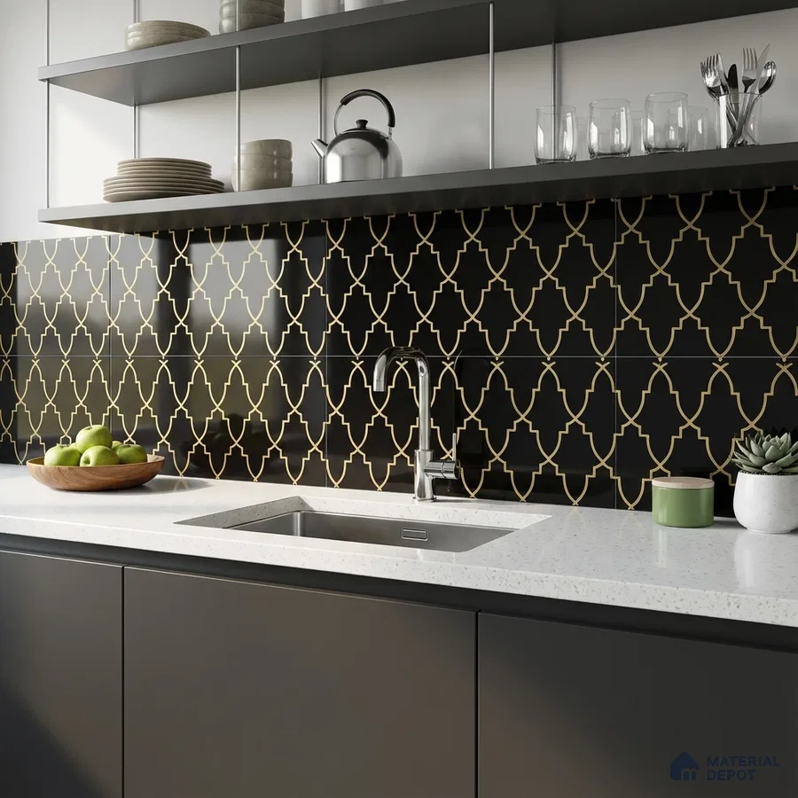 Modern kitchen with black and gold geometric moroccan backsplash tile and white quartz countertop