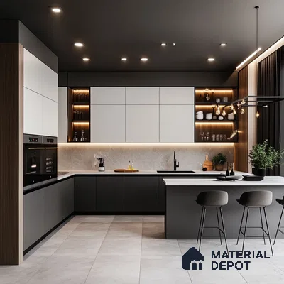 Modern Kitchen with Black and White Contrast and Subtle Warm Lighting | Material Depot