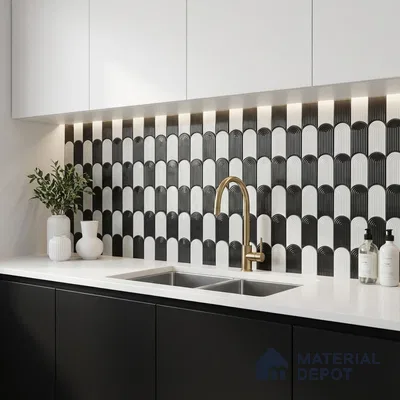 Modern kitchen with black and white geometric backsplash tile and matte black laminate cabinets