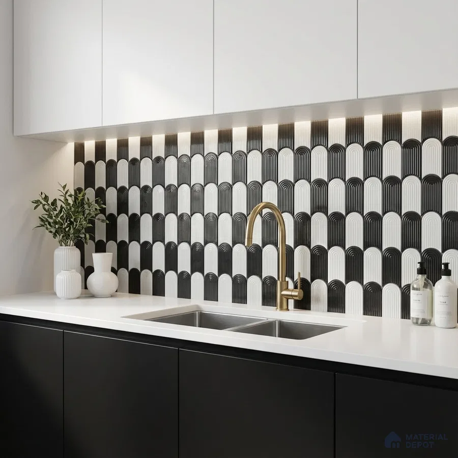 Modern kitchen with black and white geometric backsplash tile and matte black laminate cabinets