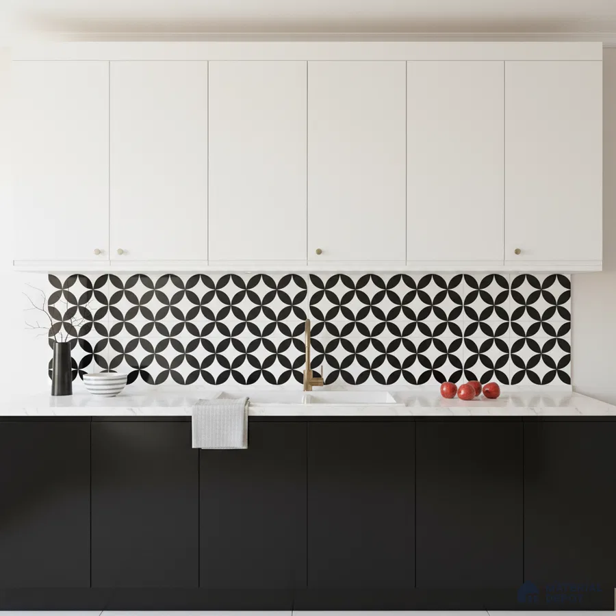 Modern kitchen with black and white geometric backsplash tile, white upper laminate, and black lower laminate cabinets in Bengaluru