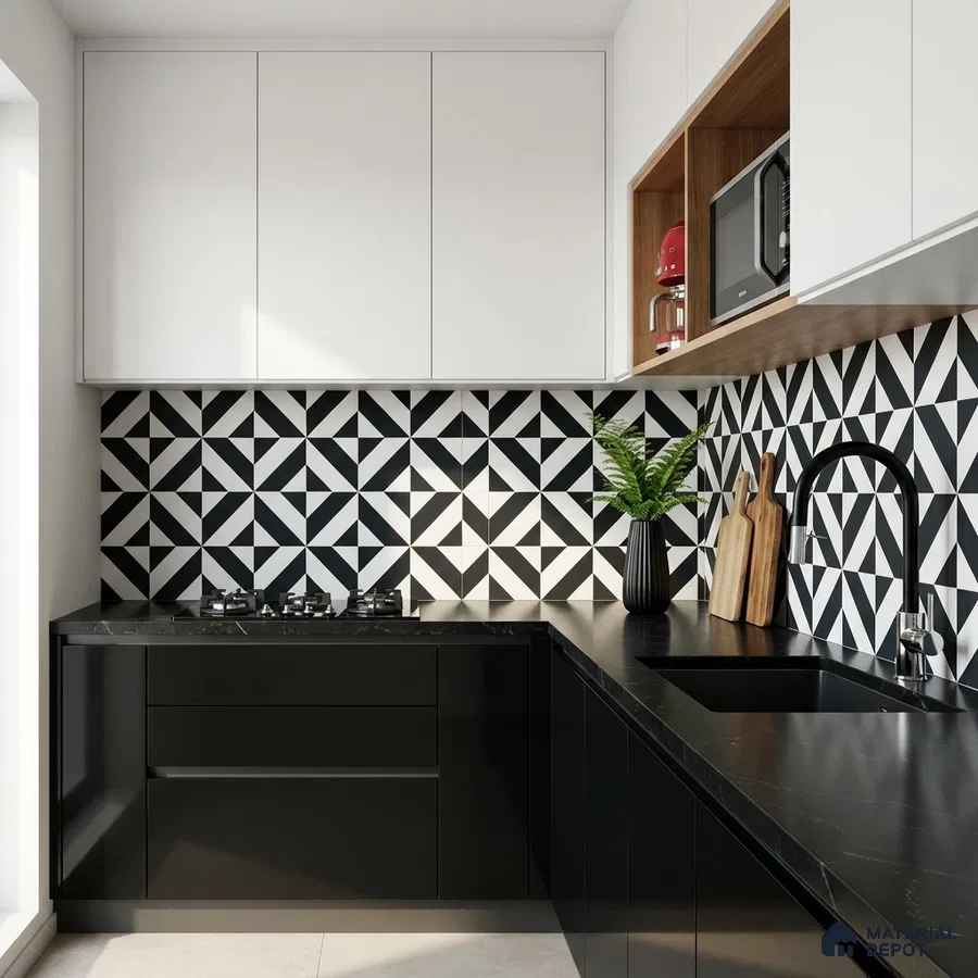 Modern kitchen with black and white geometric backsplash tiles and matte black laminate cabinets