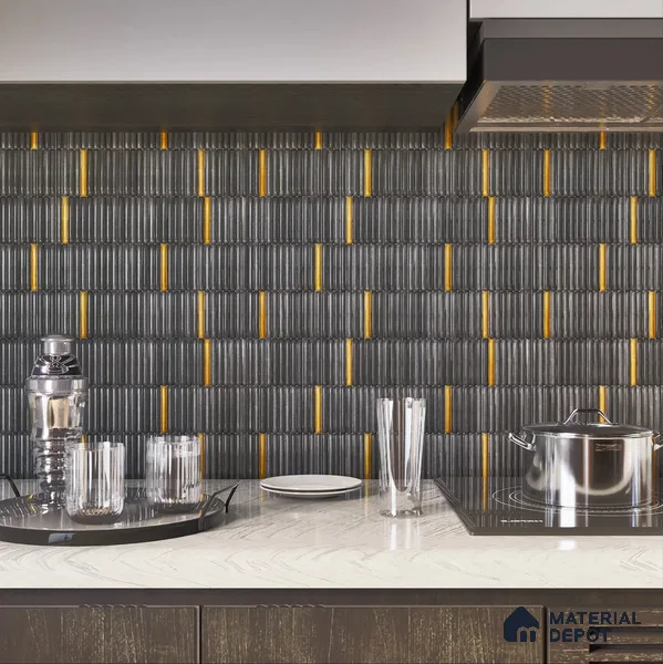 Faux Subway Wall Tile TL 04691 Vertiline Kitkat Solara Space Mixed Black 2 ft x 1 ft Ceramic Glossy Finish - 9 mm | Suitable For Kitchen, Bathroom Walls and Backsplashes | Please Expect a Slight Variation of Pattern