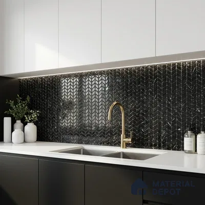 Modern kitchen with black chevron marble backsplash tile and white quartz countertop