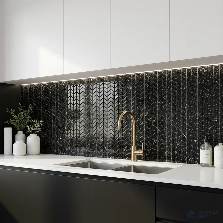 Modern kitchen with black chevron marble backsplash tile and white quartz countertop