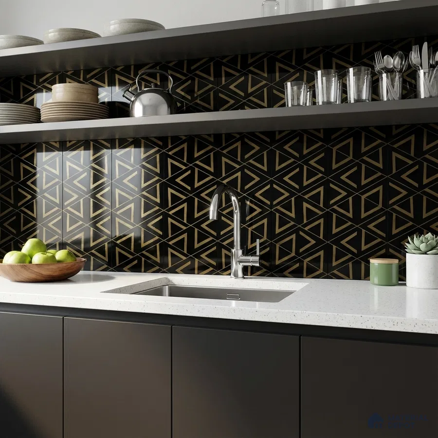 Modern kitchen with black geometric backsplash tile and white quartz countertop