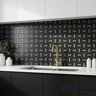 Modern kitchen with black geometric backsplash tile, matte black laminate cabinets, and white quartz countertop