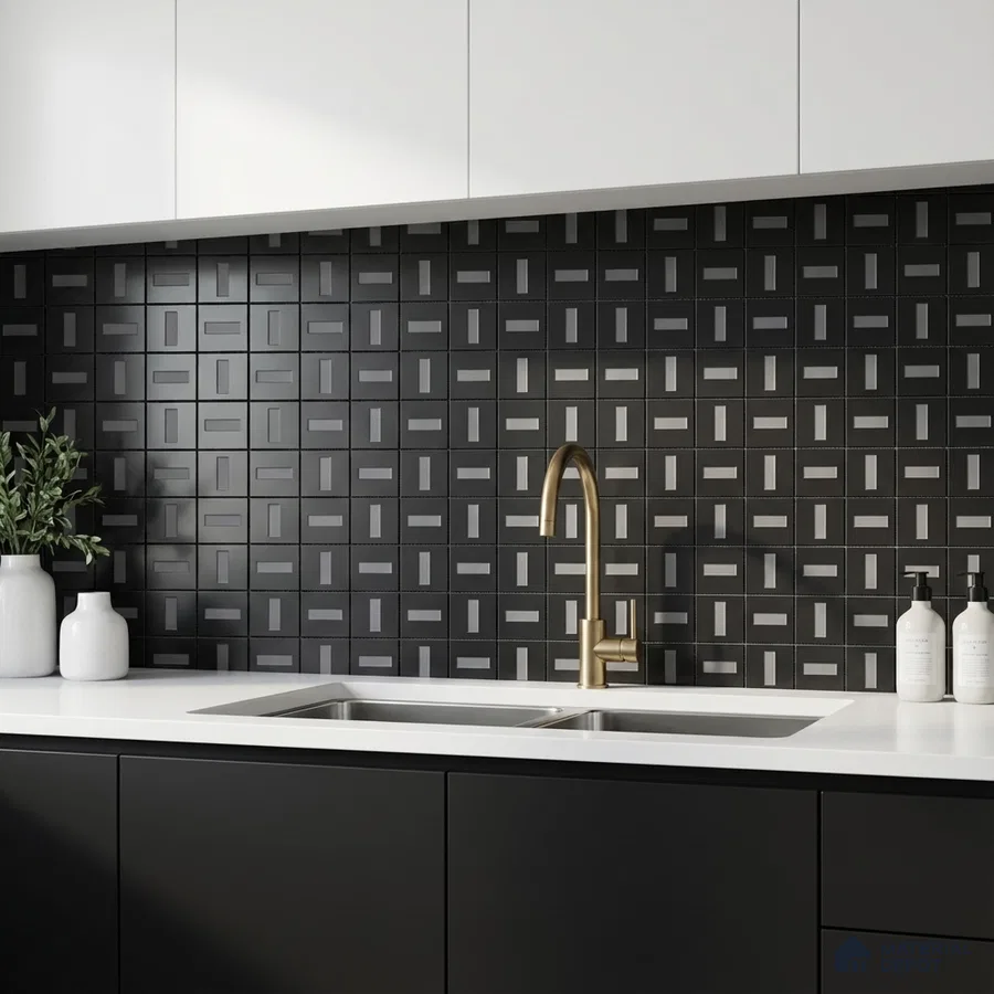 Modern kitchen with black geometric backsplash tile, matte black laminate cabinets, and white quartz countertop