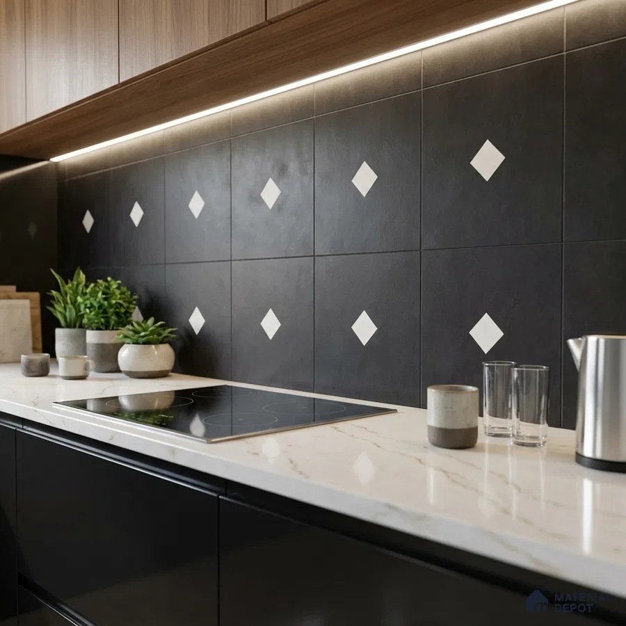 Modern kitchen with black geometric backsplash tiles, white marble-look quartz countertop, and walnut wood laminate cabinets