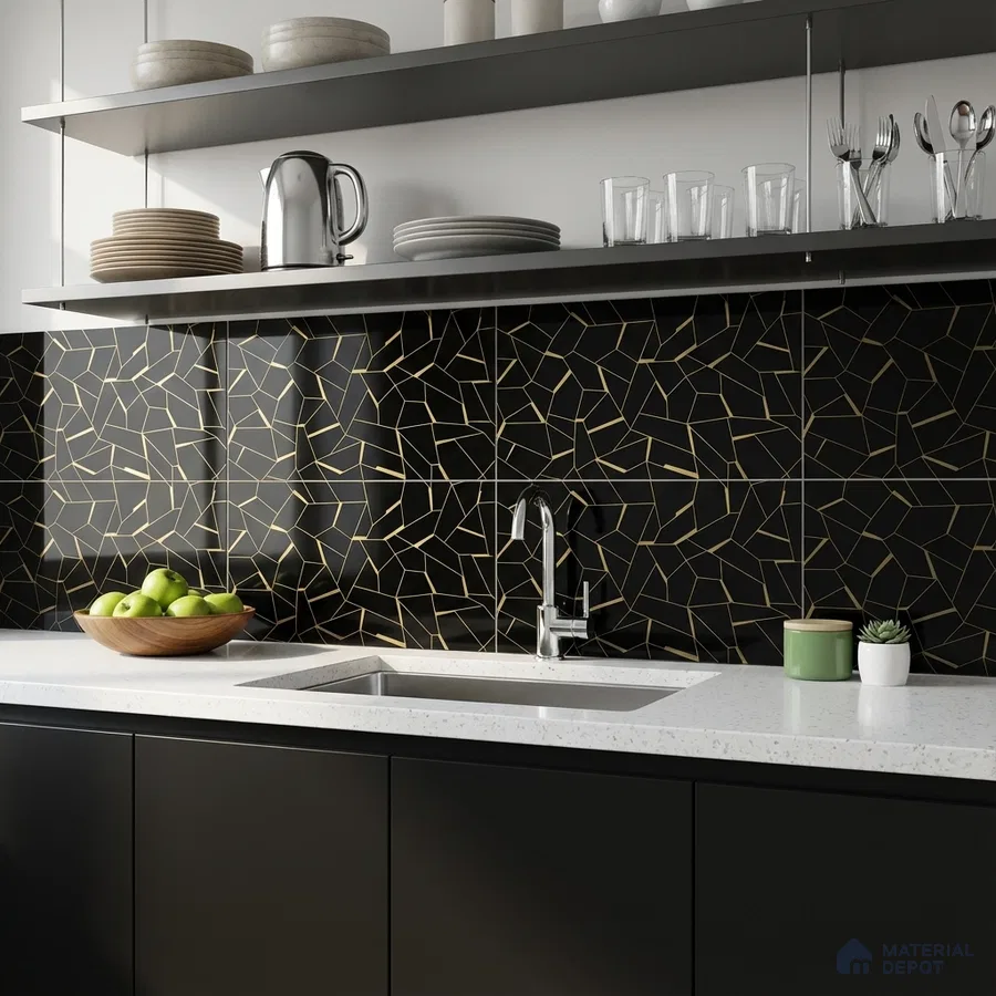 Modern kitchen with black geometric gold-accent backsplash tile and white quartz countertop