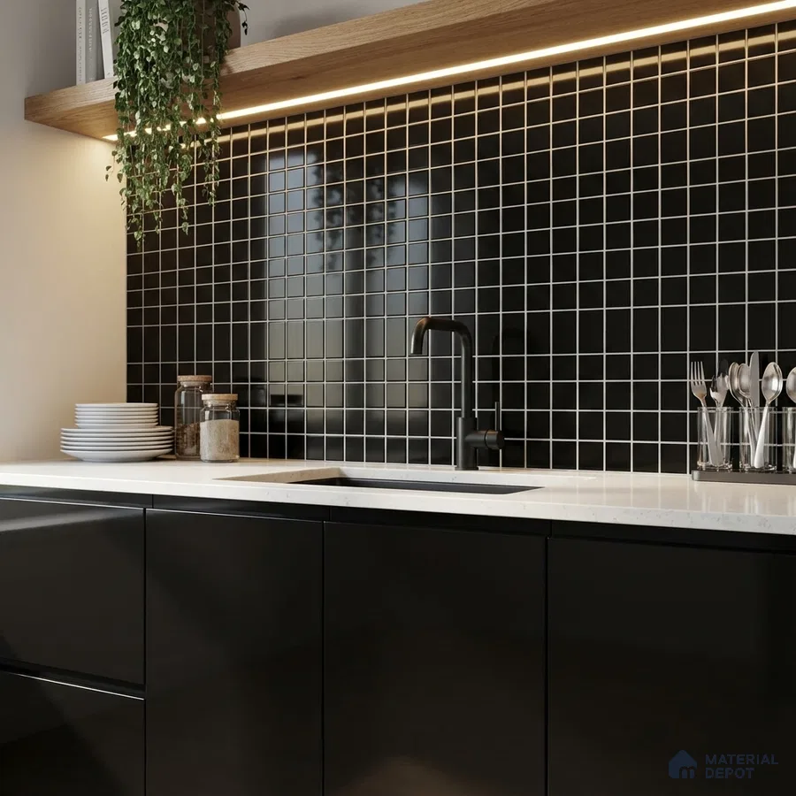 Modern kitchen with black glossy laminate cabinets, white quartz countertop, and black grid backsplash tiles