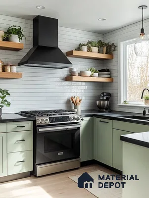 Modern Kitchen with Black Hood and Open Shelving Showcasing a Fresh and Functional Design | Material Depot