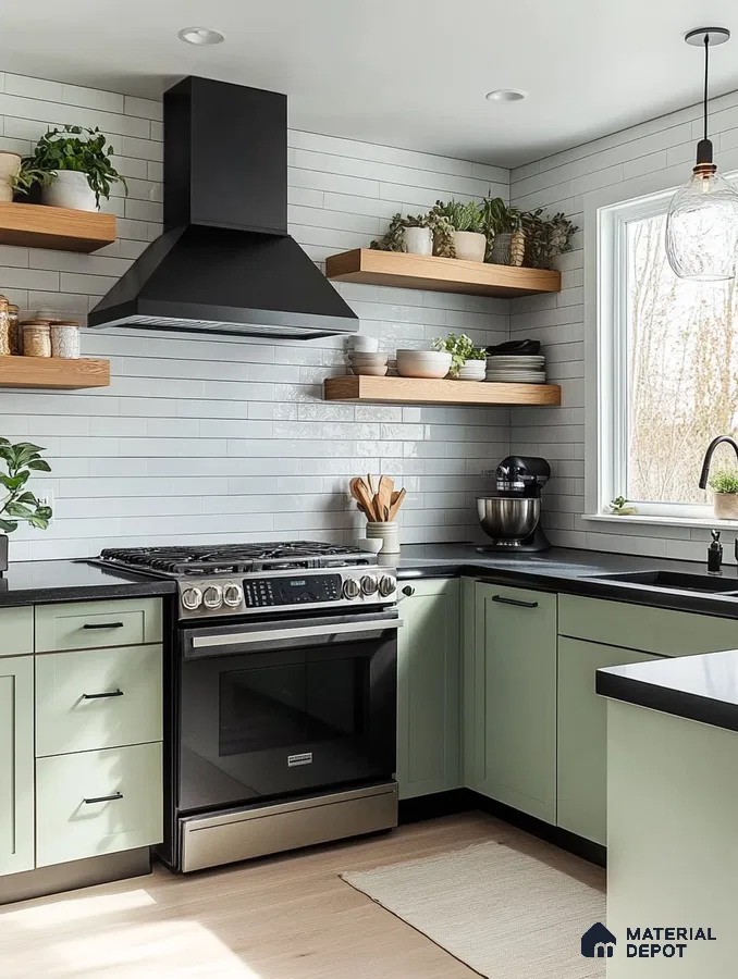 Modern Kitchen with Black Hood and Open Shelving Showcasing a Fresh and Functional Design | Material Depot