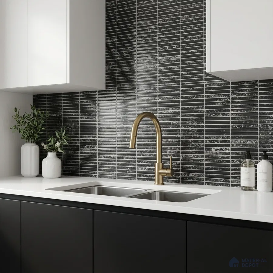 Modern kitchen with black kitkat backsplash tile, matte black laminate cabinets, and white quartz countertop