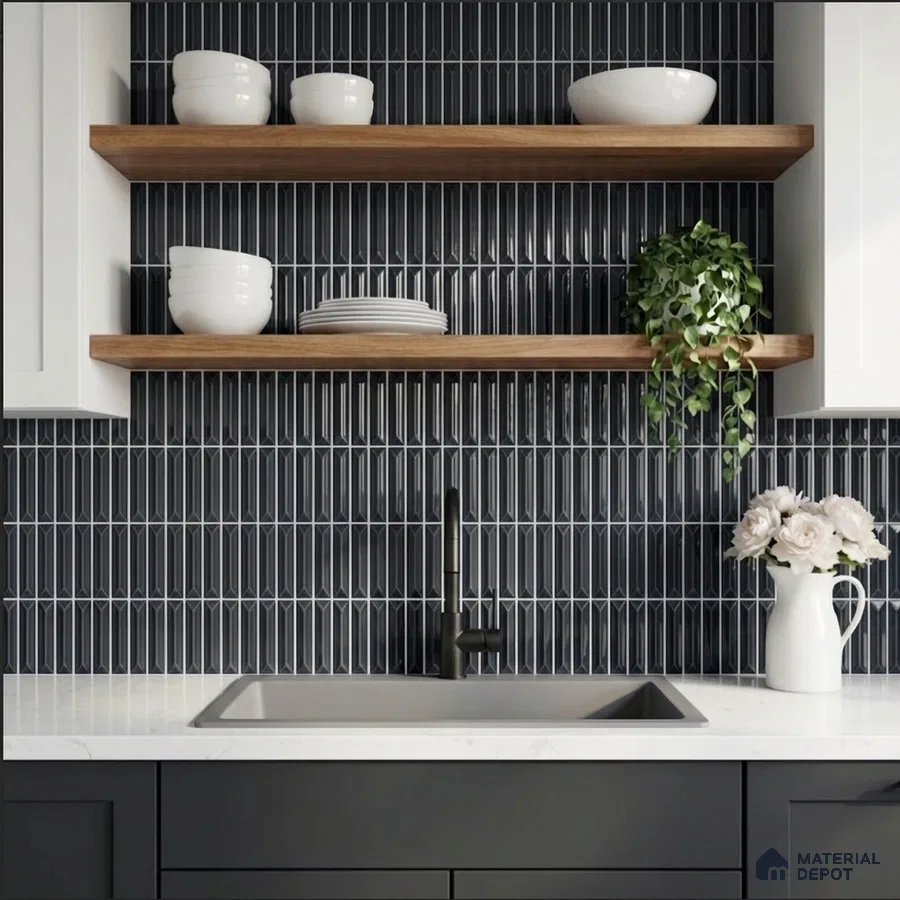 Modern kitchen with black kitkat backsplash tile, white quartz countertop, and wooden open shelves