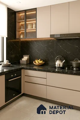 Modern kitchen with black marble backsplash in 3bhk apartment in Durga Petals Marathahalli Bengaluru | Material Depot