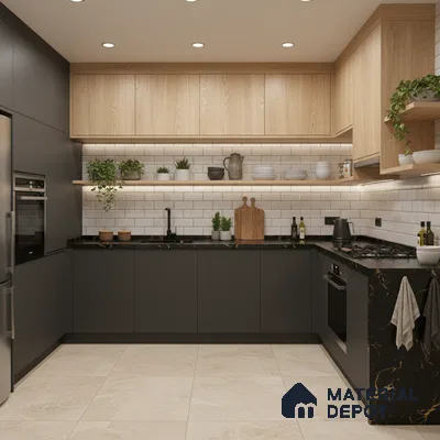 Modern kitchen with black marble countertop, light oak laminate, and white subway tile backsplash in Bengaluru