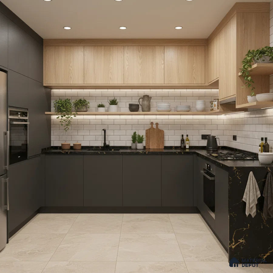 Modern kitchen with black marble countertop, light oak laminate, and white subway tile backsplash in Bengaluru