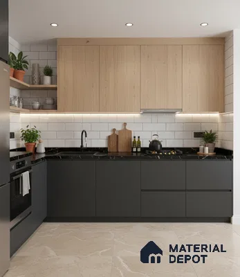 Modern kitchen with black matte laminate, light oak laminate, subway backsplash tile, and beige marble floor tile in Bengaluru