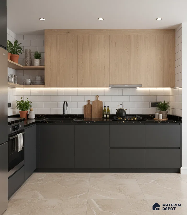 Modern kitchen with black matte laminate, light oak laminate, subway backsplash tile, and beige marble floor tile in Bengaluru