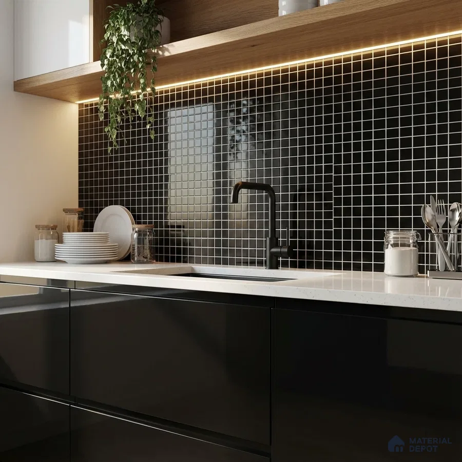 Modern kitchen with black mosaic backsplash tile, white quartz countertop, and high gloss black laminate cabinets