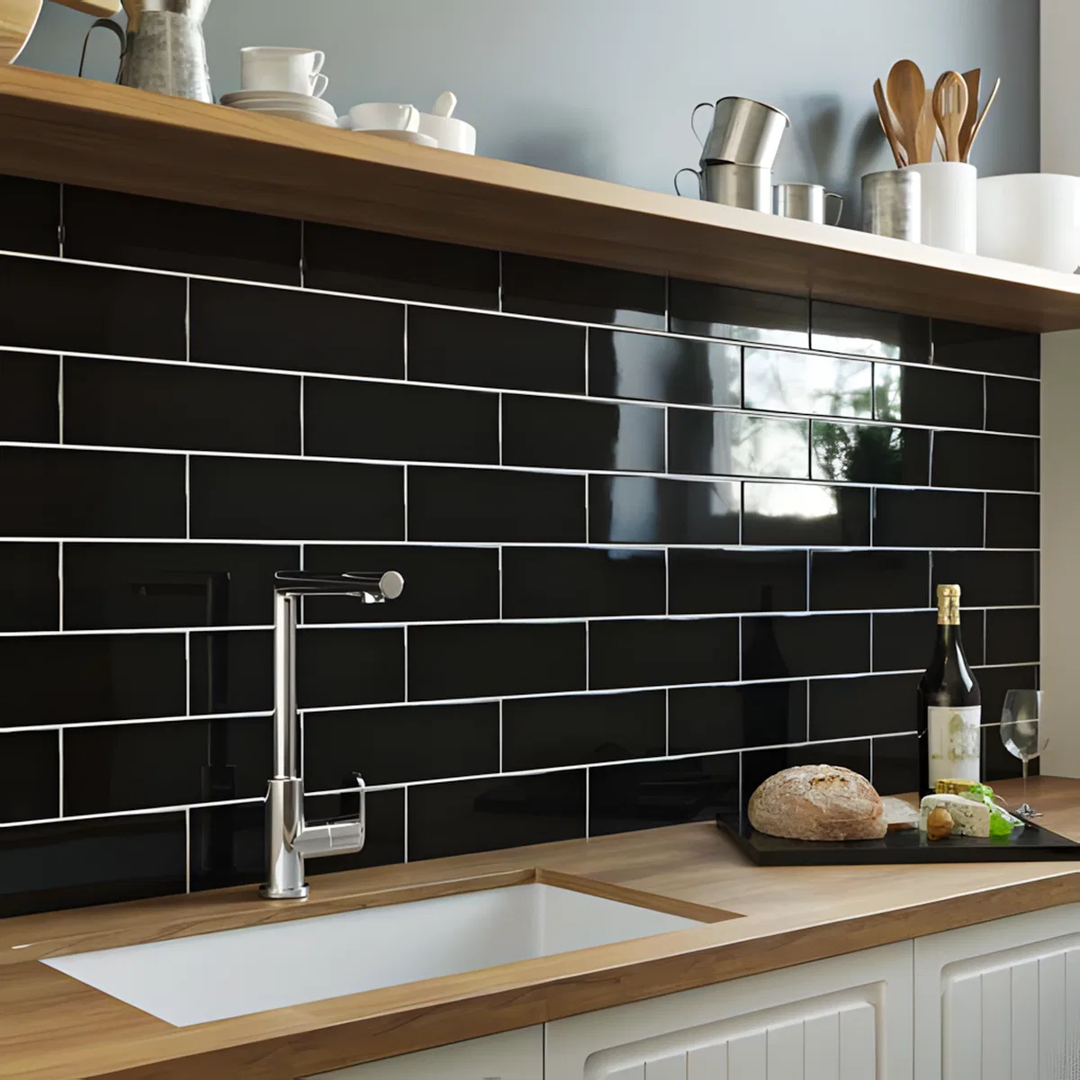 Modern kitchen with glossy black subway tile backsplash and natural ...