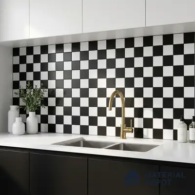 Modern kitchen with black-and-white checkerboard backsplash tile and white quartz countertop